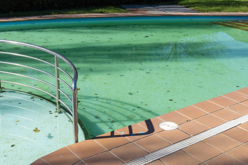 Poolboden voller Laub und Belag unter grünlichem Wasser